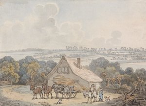 Landschap met hooiwagen voor een huisje