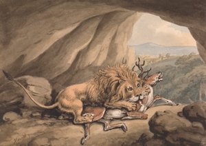 Leeuw die een Hert Aanvalt door Samuel Howitt