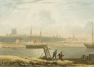 Zicht over de drijvende haven met de kathedraal en stadskerken, ca. 1825 door Samuel Jackson