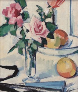 Stilleven met roze rozen door Samuel John Peploe