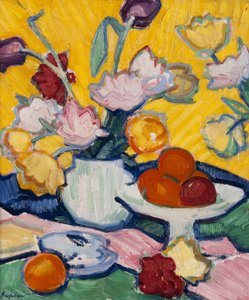 Tulpen in een Aardewerken Vaas