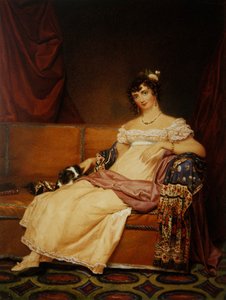 Lady Waterhouse zittend op een bank met haar spaniël door Samuel John Stump