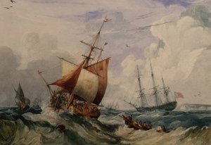 Een Franse vissersboot in een deining bij Dover door Samuel Owen