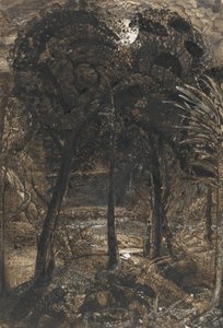 Een maanverlichte scène met een kronkelende rivier door Samuel Palmer