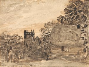 Rietgedekte cottage en kerk