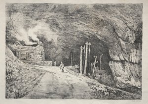 Een serie oude gebouwen en landelijke cottages in het noorden van Engeland: Peak Cavern, 1821