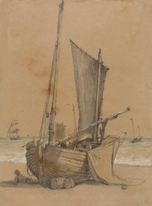 Vissersboot op het Strand met een Brik op Zee door Samuel Prout
