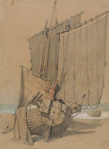 Vissersboten op het strand met drogende zeilen door Samuel Prout