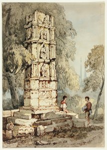 Twee figuren naast middeleeuwse ruïnes, met kerk in de verte
