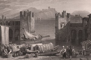 Uitzicht op het kasteel van Angera in Arona, Lago Maggiore, Piëmont, Italië, staalgravure naar een tekening van Samuel Prout (1783-1852) door Samuel Prout