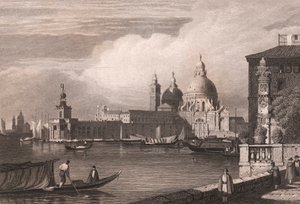 Uitzicht op het Canal Grande met Punta della Dogana en de Basiliek van Santa Maria della Salute op de achtergrond, Venetië, Italië, gravure naar tekening van Samuel Prout