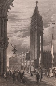 Uitzicht op de klokkentoren van San Marco in Venetië, Italië, gravure naar tekening van Samuel Prout door Samuel Prout