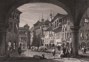Uitzicht op de marktplaats in Domodossola, Piëmont, Italië, staalgravure naar een tekening van Samuel Prout (1783-1852)