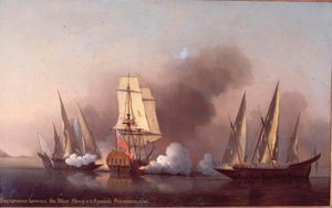 Het Engagement tussen de Blast Sloep en twee Spaanse Kapers door Samuel Scott
