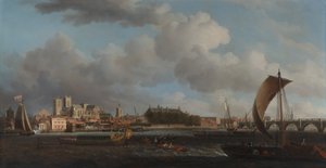 Westminster vanuit Lambeth, met de Ceremoniële Barge van de Ironmongers