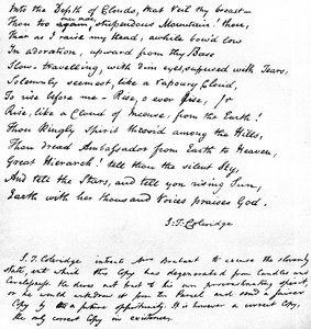 Laatste regels van Coleridges gedicht Hymne voor Zonsopgang in de Vallei van Chamouny, geschreven in het handschrift van de dichter en verzonden in een brief aan mevrouw Brabant van Devizes, 1815