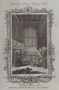 Het doodvonnis voorgelezen aan Mary Queen of Scots in de zaal waar ze werd onthoofd