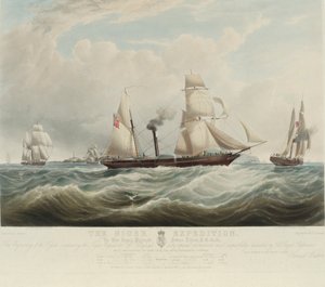 De Nigeriaanse Expeditie, bij de samenvloeiing van de Niger en Benoue rivieren, de schepen Albert, Sudan en Wilberforce bij Holyhead (Wales), augustus-oktober 1841 door Samuel Walters