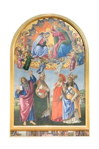 Kroning van de Maagd met engelen en st. Johannes de evangelist, st. Augustinus door Sandro Botticelli