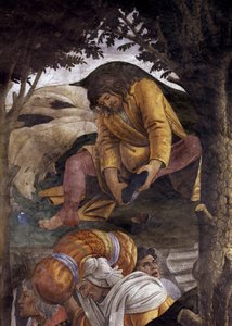 Verhaal van het leven van Mozes. Detail van Mozes die zijn schoenen aantrekt. Schilderij door Alessandro di Mariano dei Filipepi bekend als Sandro Botticelli (1445-1510). Fresco