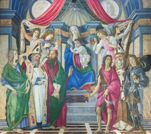 Madonna en Kind op de troon met heiligen door Sandro Botticelli