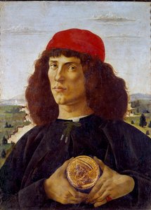 Portret van een onbekende man met de medaille van Cosimo de Medicis (Cosimo de Medici). Schilderij door Alessandro di Mariano dei Filipepi genaamd Sandro Botticelli (1445-1510) door Sandro Botticelli