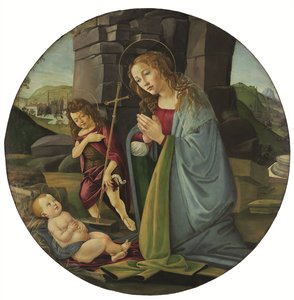 De Madonna die het Christuskind aanbidt met de jonge Johannes de Doper (tempera en olieverf op paneel) door Sandro (and workshop) Botticelli