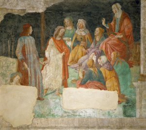 Een jongeman (Lorenzo Tornabuoni?) wordt door Minerva in de door Sandro Botticelli