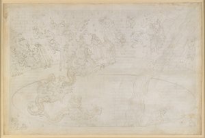 La Divina Commedia, Inferno XVII. Vergilius en Dante in de zevende cirkel van de hel, 3e zone: daders van geweld tegen de goddelijke orde in de vlammenwoestijn, bestraffing van de woekeraars; afdaling naar de diepte op de rug van Geryon door Sandro Botticelli