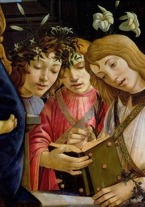 Maria met het kind, Johannes de Doper en engelen (detail). Rond 1490