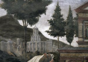 De Reiniging van de Melaatse en de Verzoeking van Christus, in de Sixtijnse Kapel: detail van een denkbeeldige stad in een landschap, 1481 (detail) door Sandro Botticelli