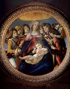 Maagd en Kind en Zes Engelen, genaamd Madonna della Melagrana of Melograno door Sandro Botticelli