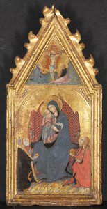 Maagd en kind aanbeden door heiligen Maria Magdalena en Nicolaas van Bari, Christus gekruisigd