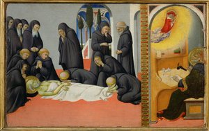 De dood van de heilige Hiëronymus onder zijn discipelen: hij verschijnt aan de heilige Cyrillus, bisschop van Jeruzalem ... door Sano di also Ansano di Pietro di Mencio Pietro