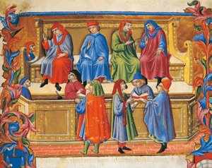 Handelstribunaal miniatuur uit Statuten van de Kooplieden door Sano di Pietro (1472), Italië 15e eeuw