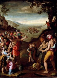 De doortocht door de Rode Zee. Het Hebreeuwse volk, op de vlucht uit Egypte, steekt de Rode Zee over, geleid door Mozes. Schilderij door Santi di Tito (1536-1603) Florence, Kabinet van Francois I, Palazzo Vecchio door Santi di Tito