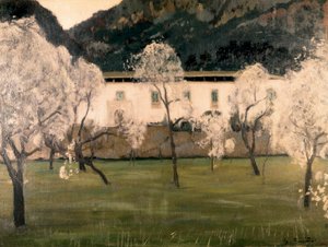 Landschap met bloemen in bomen. Schilderij door Santiago Rusinol y Prats (1861-1931). door Santiago Rusinol i Prats