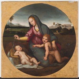 Madonna en kind met de jonge St. Jan, c.1500 door Sanzio of Urbino (follower of) Raphael