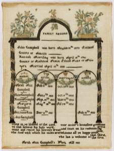 Familie register merklap door Sarah Ann Campbell