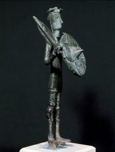 Nuragische cultuur (nuraghi) Sardinië: bronzen beeld van Teti-krijger uit de Arcosu-bergen. 8e-7e eeuw v.Chr. Dim. 24 cm Cagliari, Museo Nazionale Archeologico, Sardinië, Italië door Sardinia Nuragic Civilization