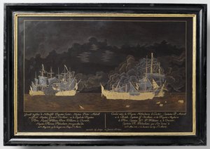 Gevecht tussen de Hollandse Fregatten Castor, Kapitein Pieter Melvill en Briel, Kapitein Gerard Oorthuis en de Engelse Fregatten door Sasaya
