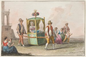 Aquarel; Een vroedvrouw met een baby op weg naar de kerk voor de doop
