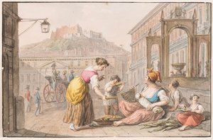 Aquarel; Een vrouw die geroosterde maïs verkoopt