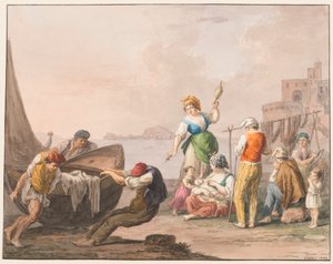 Waterverf; Aan de kust in Chiaja door Saverio della Gatta