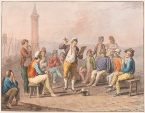 Aquarel; Rinaldo Rinaldini draagt voor op de pier