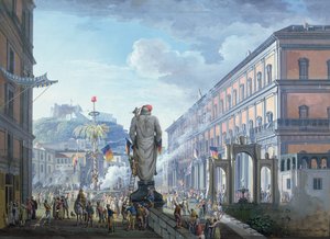 Het Palazzo Reale, op het moment dat de Vrijheidsboom werd omgehakt en de troepen massaal werden geleid door de Engelsen in 1799, 1800