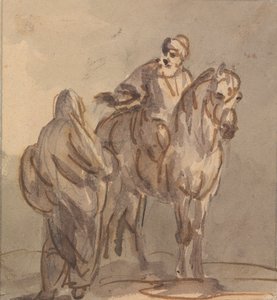 Twee Mensen: Eén Staand, Eén Zittend op een Paard door Sawrey Gilpin