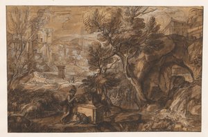 Landschap met herder bij antieke sarcofaag door Sébastien Bourdon (attributed to)
