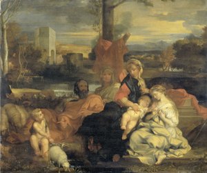 Het mystieke huwelijk van Sint-Catharina door Sébastien Bourdon (follower of)
