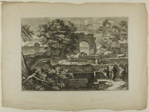 Christus en Zijn Discipelen met een Triomfboog in de Verte door Sébastien Bourdon